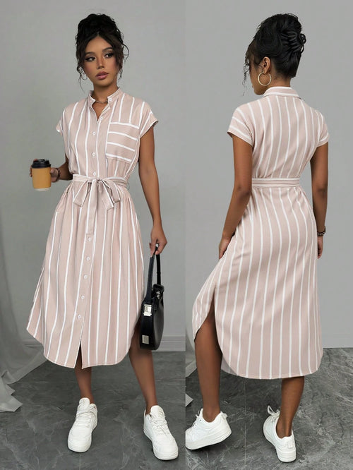 Rafferiza French-Style Striped Color-Block Shirt Dress With Cinched Waist And Button Front, All-Match Maxi Women Outfit
