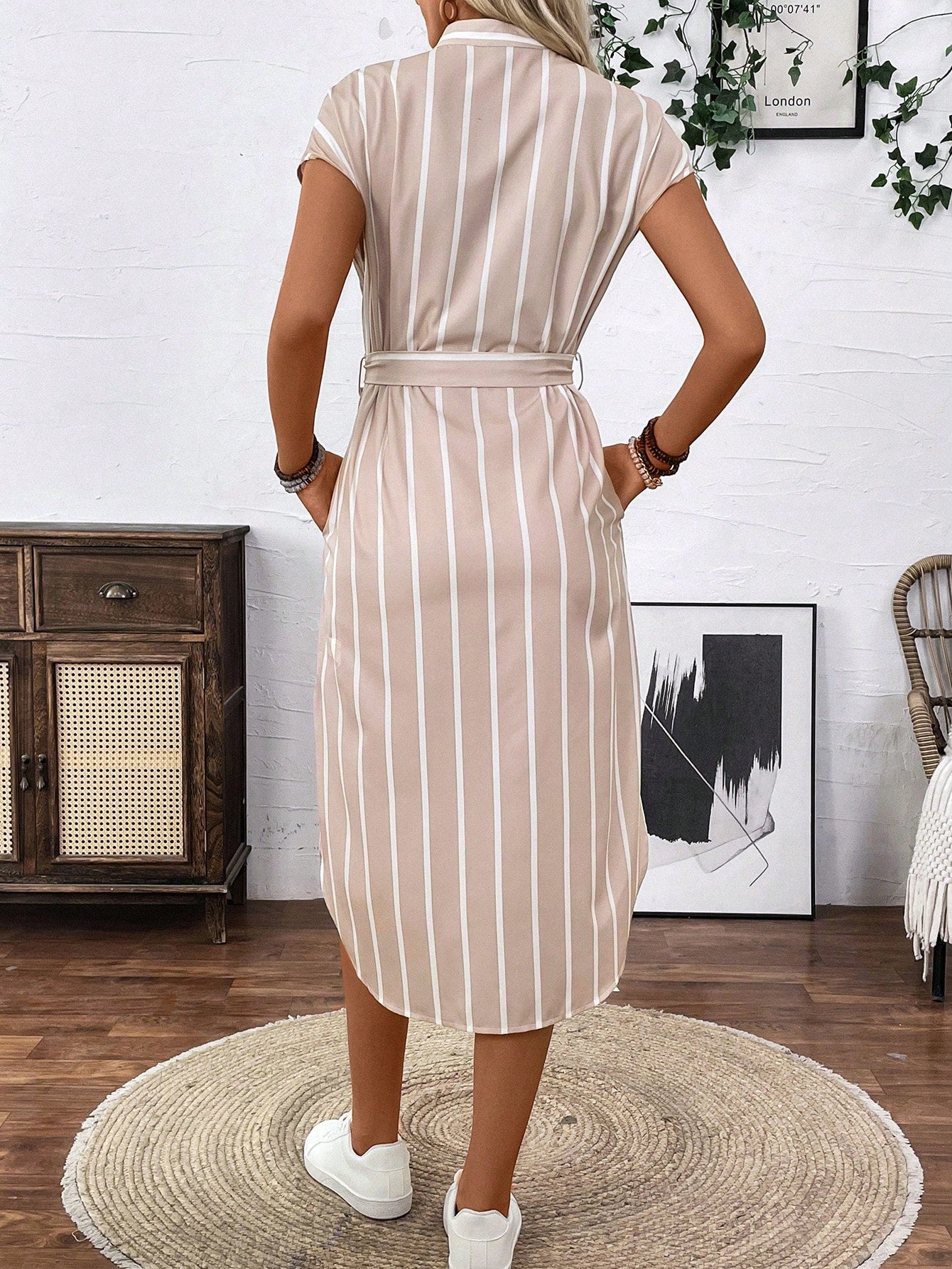 Rafferiza French-Style Striped Color-Block Shirt Dress With Cinched Waist And Button Front, All-Match Maxi Women Outfit