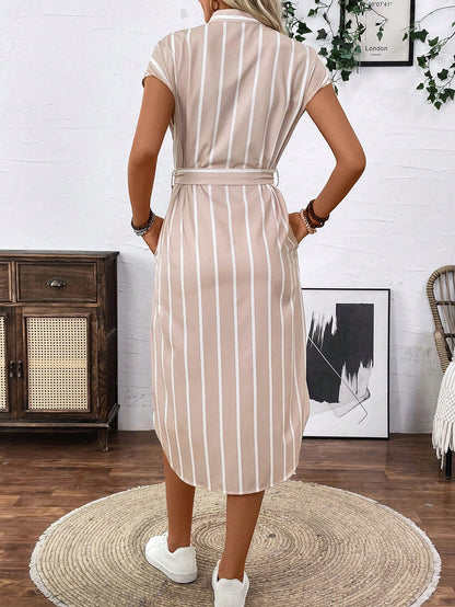 Rafferiza French-Style Striped Color-Block Shirt Dress With Cinched Waist And Button Front, All-Match Maxi Women Outfit