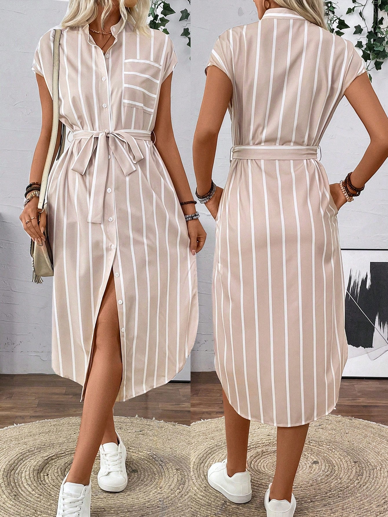 Rafferiza French-Style Striped Color-Block Shirt Dress With Cinched Waist And Button Front, All-Match Maxi Women Outfit