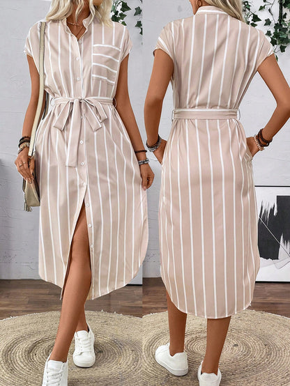 Rafferiza French-Style Striped Color-Block Shirt Dress With Cinched Waist And Button Front, All-Match Maxi Women Outfit