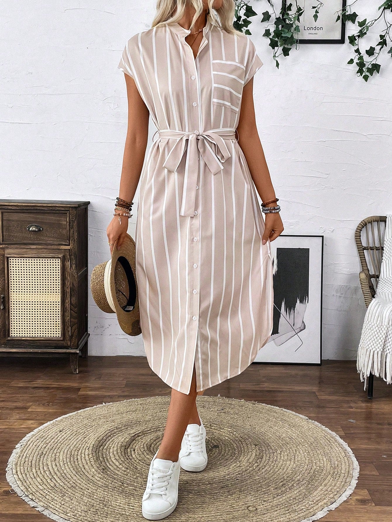 Rafferiza French-Style Striped Color-Block Shirt Dress With Cinched Waist And Button Front, All-Match Maxi Women Outfit