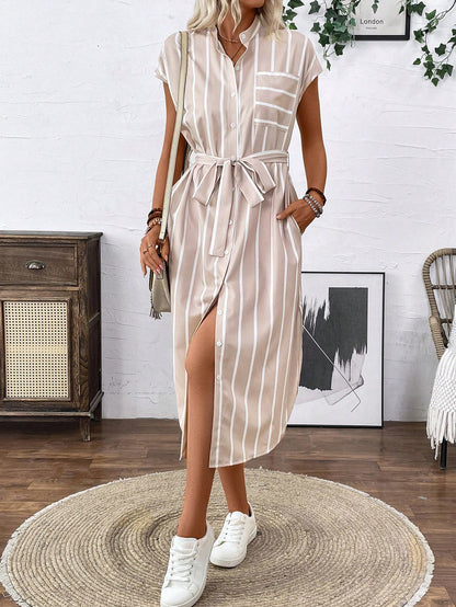 Rafferiza French-Style Striped Color-Block Shirt Dress With Cinched Waist And Button Front, All-Match Maxi Women Outfit