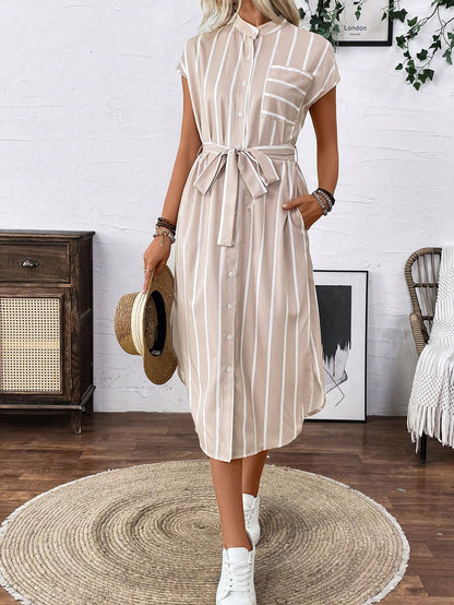 Rafferiza French-Style Striped Color-Block Shirt Dress With Cinched Waist And Button Front, All-Match Maxi Women Outfit