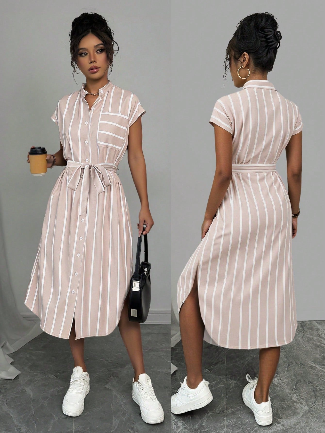 Rafferiza French-Style Striped Color-Block Shirt Dress With Cinched Waist And Button Front, All-Match Maxi Women Outfit