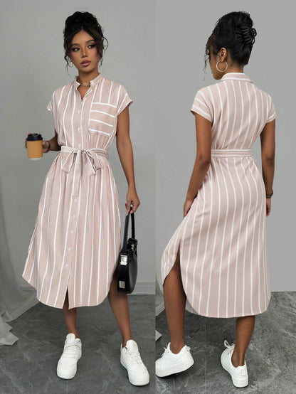 Rafferiza French-Style Striped Color-Block Shirt Dress With Cinched Waist And Button Front, All-Match Maxi Women Outfit