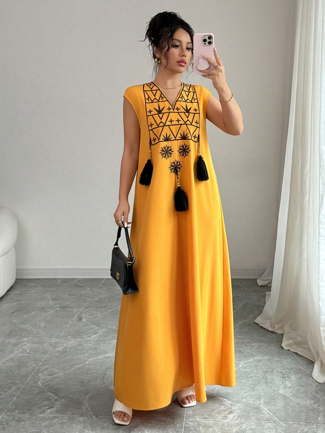 Rafferiza Women's V-Neck Embroidery Pattern Printed Fringe Decor Loose Straight Western Style Dress For Vacation