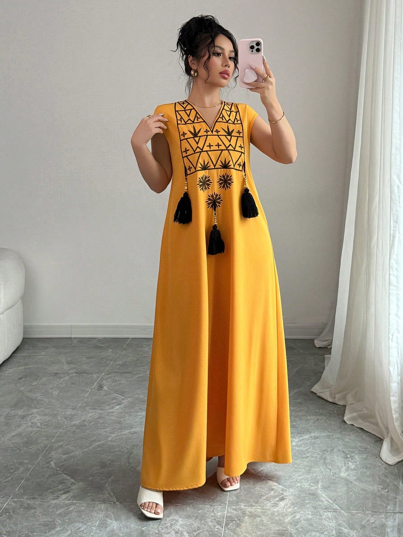 Rafferiza Women's V-Neck Embroidery Pattern Printed Fringe Decor Loose Straight Western Style Dress For Vacation