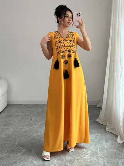 Rafferiza Women's V-Neck Embroidery Pattern Printed Fringe Decor Loose Straight Western Style Dress For Vacation