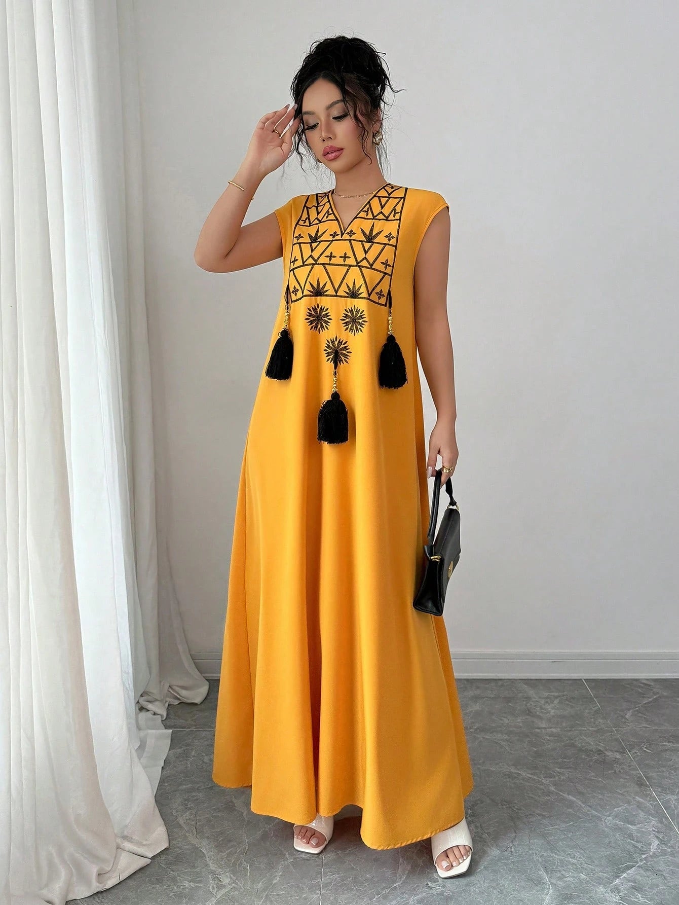 Rafferiza Women's V-Neck Embroidery Pattern Printed Fringe Decor Loose Straight Western Style Dress For Vacation