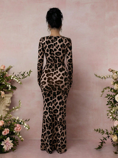 Raffinéa Women's Ruched Leopard Print Long Sleeve Bodycon Dress, Commuter Fashion For Autumn/Winter Leopard Dress