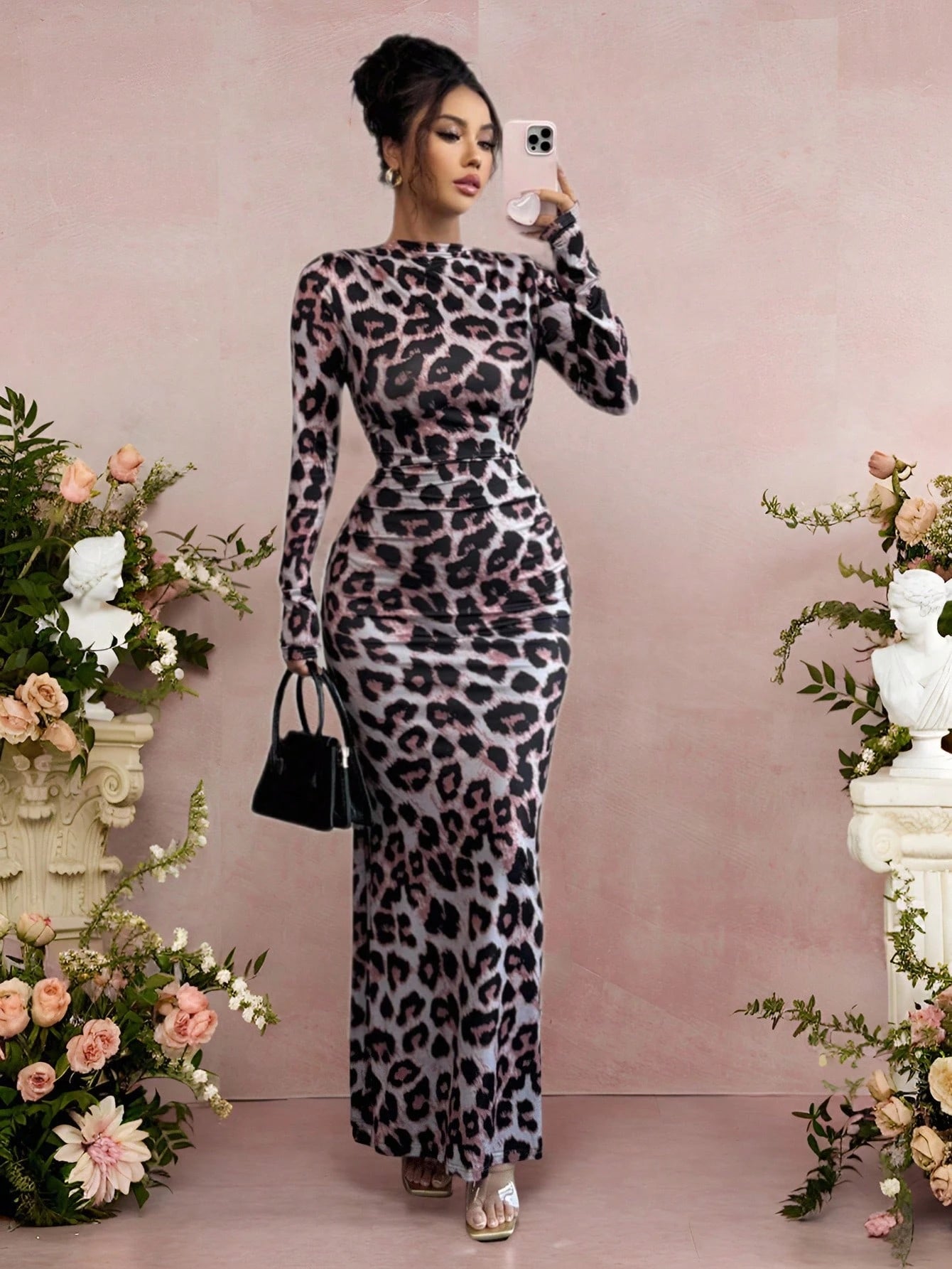 Raffinéa Women's Ruched Leopard Print Long Sleeve Bodycon Dress, Commuter Fashion For Autumn/Winter Leopard Dress