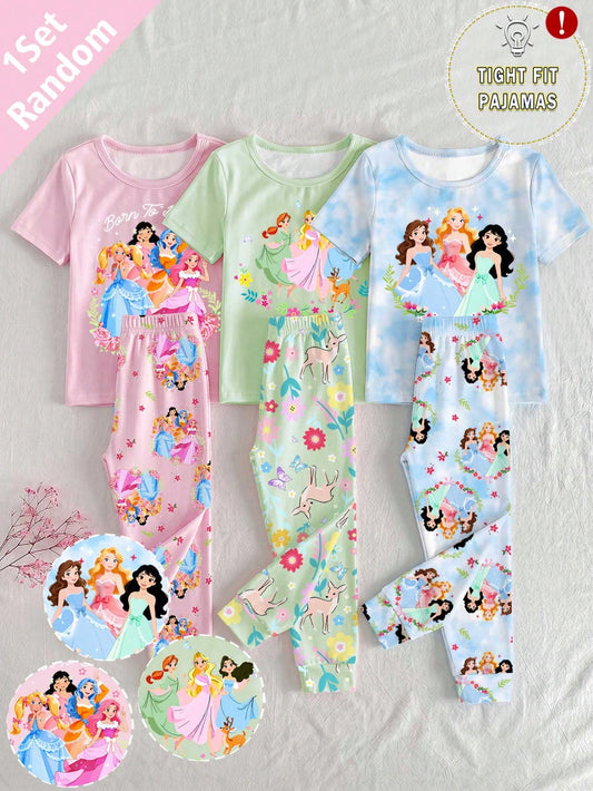 [Random 1 Set]Young Baby Pajamas New Fashion Cute Cartoon Girl Princess Pattern Printed Knit Tight Fit High Elastic Short Sleeve Long Pants 2-Piece Set