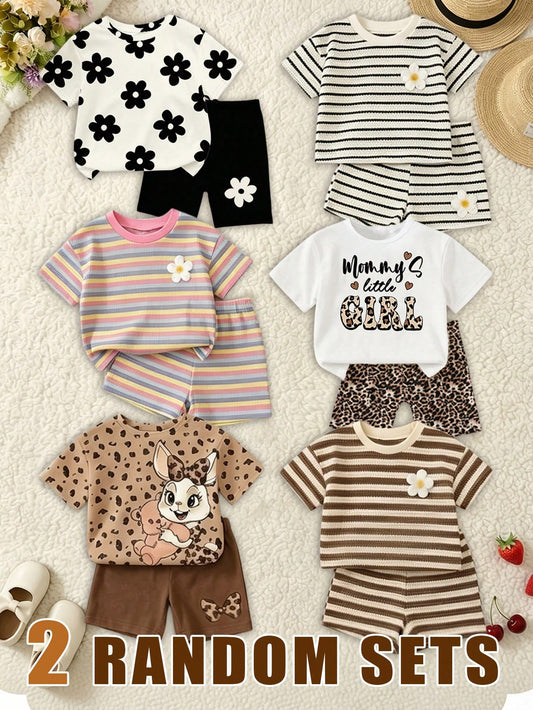 (Random 6 Sets,Send 2 Set)Summer Baby Girl Colorful Striped Floral Leopard Print Cartoon Rabbit Pattern Letter Print Basic Short T-Shirt And Cycling Pants 2-Piece Set,Autumn All-Season Outfit,Classic