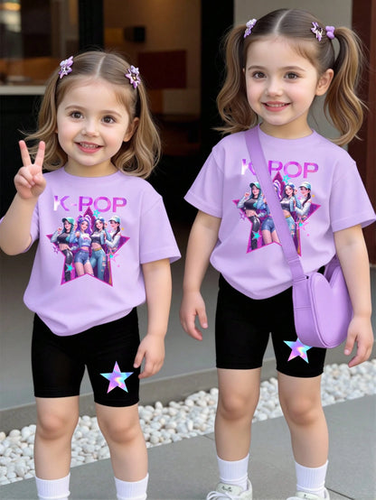 (Random 6 Sets,Send 2 Set)Summer Baby Girl Colorful Striped Floral Leopard Print Cartoon Rabbit Pattern Letter Print Basic Short T-Shirt And Cycling Pants 2-Piece Set,Autumn All-Season Outfit,Classic
