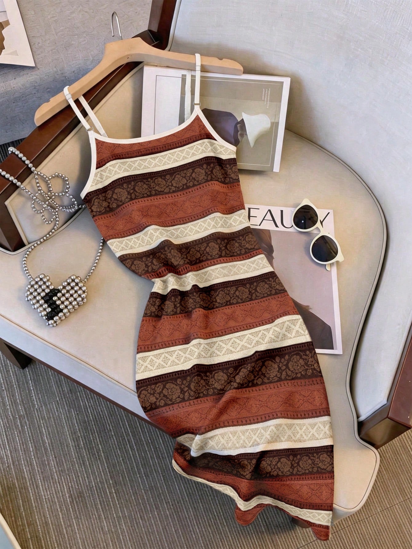 Resyla Elegant Women's Mid-Length Dress, Vintage Striped Print Pattern, Summer Outing Top, Pattern Design, High-End Feel, Casual Versatile, Daily Wear, Outdoor, Shopping, Travel Outdoor Wear