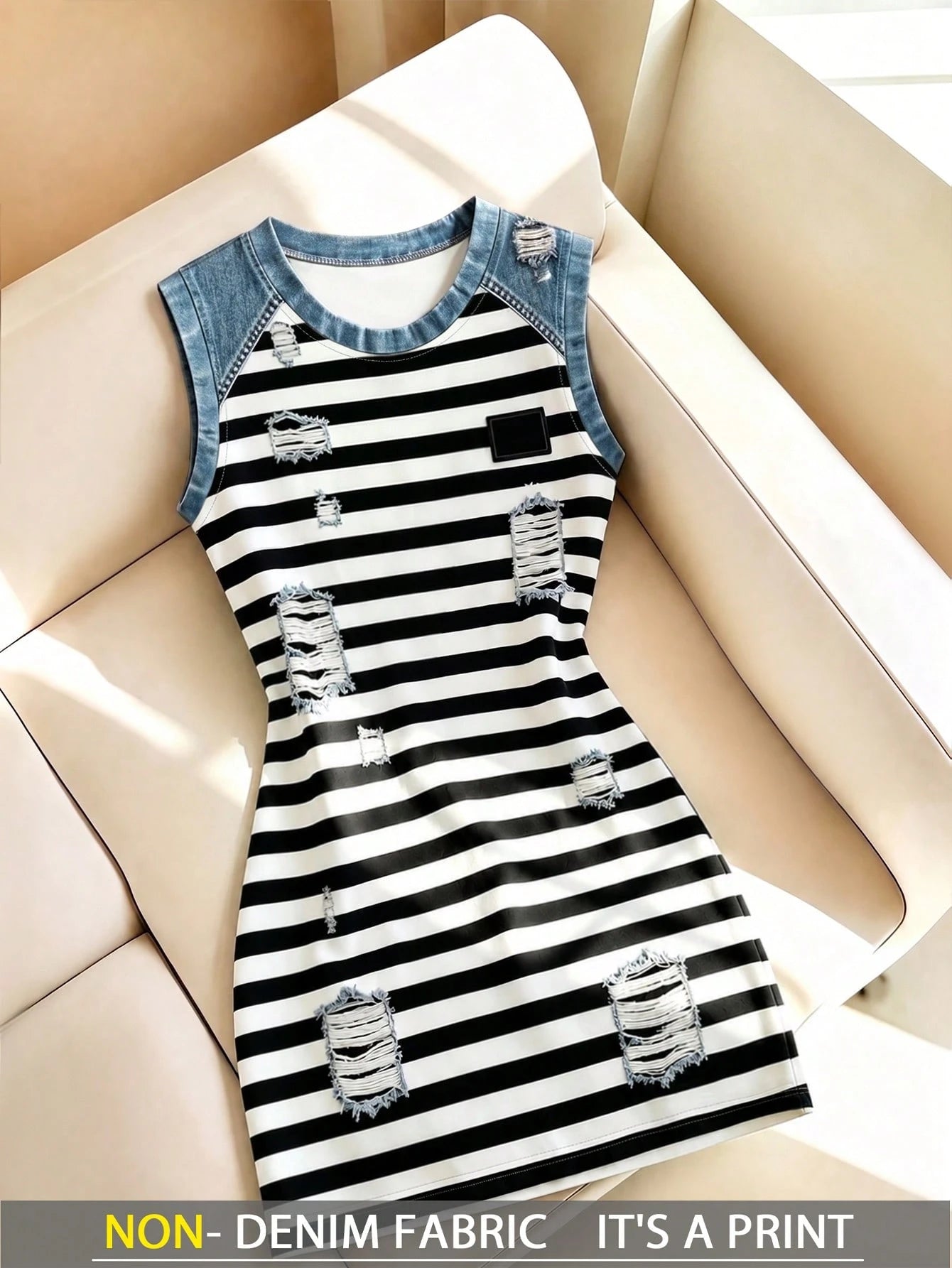 Resyla Women's Striped Design Round Neck Sleeveless Casual Mid-Length Dress