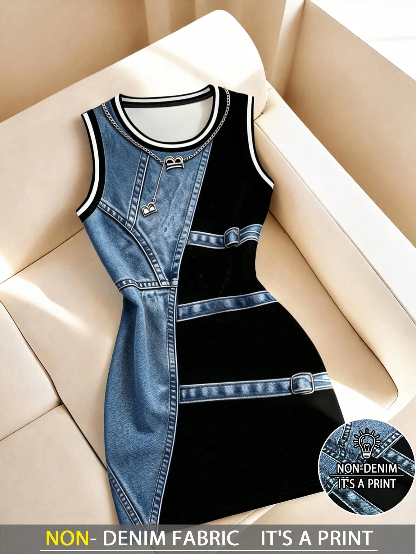 Resyla Women's Striped Design Round Neck Sleeveless Casual Mid-Length Dress