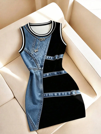 Resyla Women's Striped Design Round Neck Sleeveless Casual Mid-Length Dress