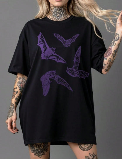 Retro Bats Shirt Y2K Inspired Bat Lover Tee, 90s Style Bats T-Shirt, Vintage Aesthetic Purple Bats S