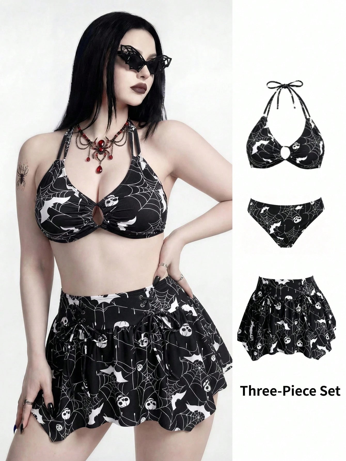 ROMWE 2026 New Punk Goth Dark Gothic Halloween Spider Web Print 3-Piece Bikini Set,Halter Swimwear+Skirt,Plus Size Black And White Summer Beach Party