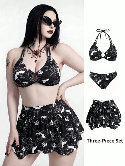 ROMWE 2026 New Punk Goth Dark Gothic Halloween Spider Web Print 3-Piece Bikini Set,Halter Swimwear+Skirt,Plus Size Black And White Summer Beach Party