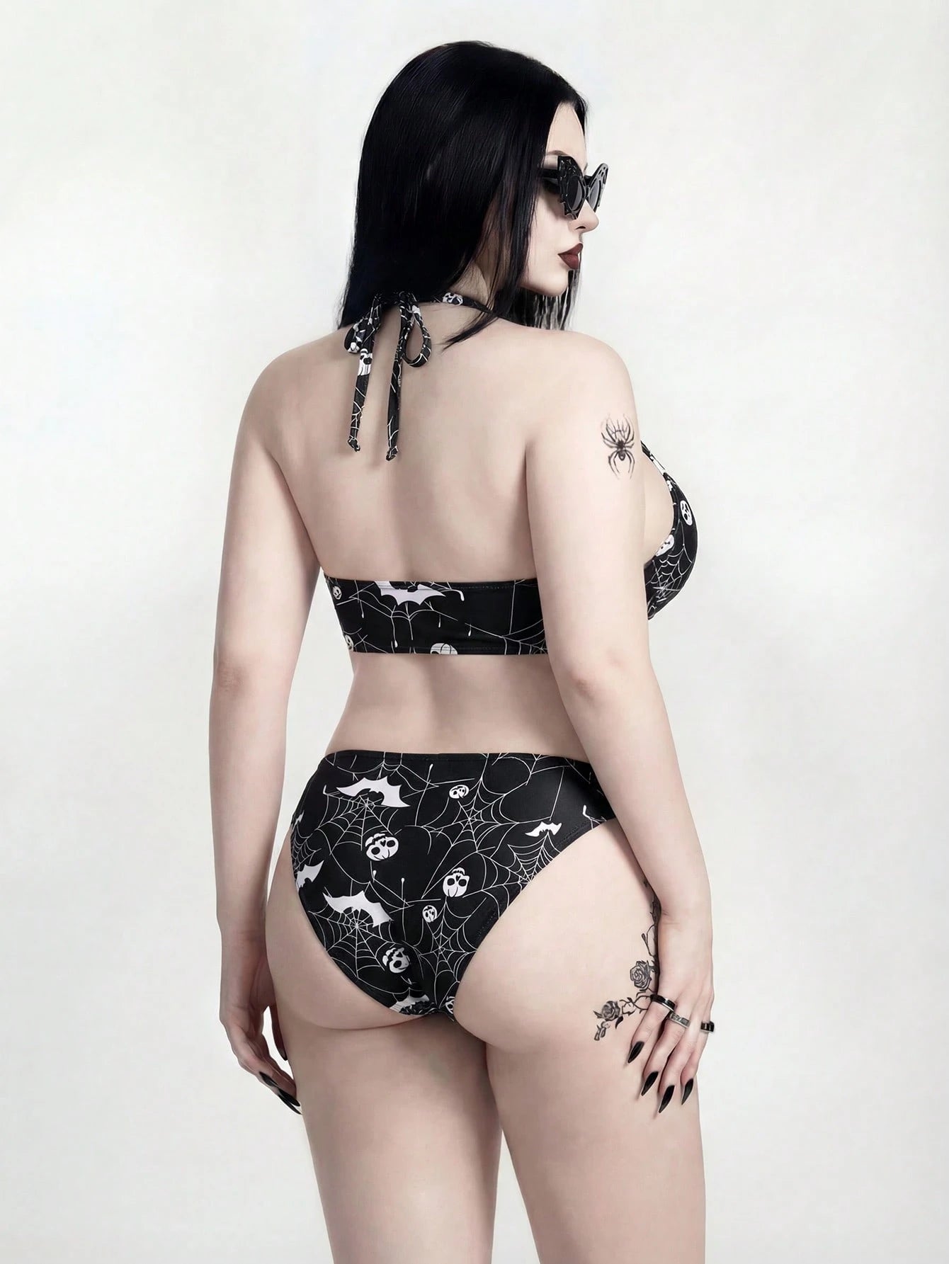 ROMWE 2026 New Punk Goth Dark Gothic Halloween Spider Web Print 3-Piece Bikini Set,Halter Swimwear+Skirt,Plus Size Black And White Summer Beach Party