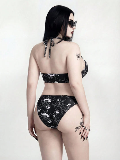 ROMWE 2026 New Punk Goth Dark Gothic Halloween Spider Web Print 3-Piece Bikini Set,Halter Swimwear+Skirt,Plus Size Black And White Summer Beach Party