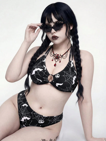 ROMWE 2026 New Punk Goth Dark Gothic Halloween Spider Web Print 3-Piece Bikini Set,Halter Swimwear+Skirt,Plus Size Black And White Summer Beach Party