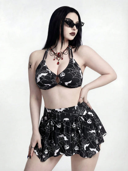 ROMWE 2026 New Punk Goth Dark Gothic Halloween Spider Web Print 3-Piece Bikini Set,Halter Swimwear+Skirt,Plus Size Black And White Summer Beach Party