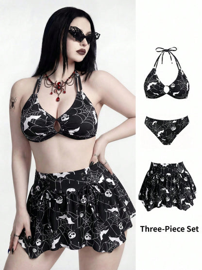 ROMWE 2026 New Punk Goth Dark Gothic Halloween Spider Web Print 3-Piece Bikini Set,Halter Swimwear+Skirt,Plus Size Black And White Summer Beach Party