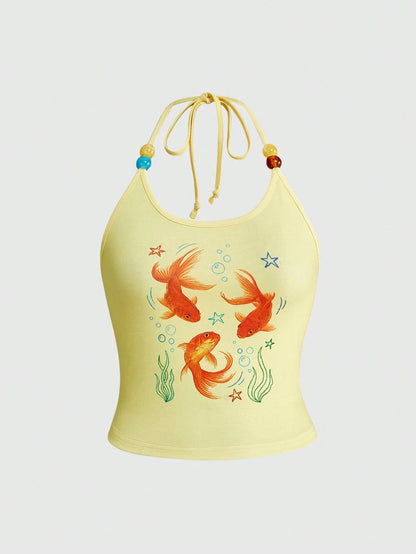ROMWE Avant Y2K Cute Babe Island Vacation Goldfish Graffiti Print Plus Size Women Halter Top