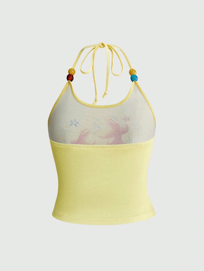 ROMWE Avant Y2K Cute Babe Island Vacation Goldfish Graffiti Print Plus Size Women Halter Top