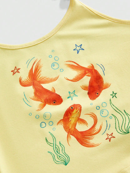 ROMWE Avant Y2K Cute Babe Island Vacation Goldfish Graffiti Print Plus Size Women Halter Top