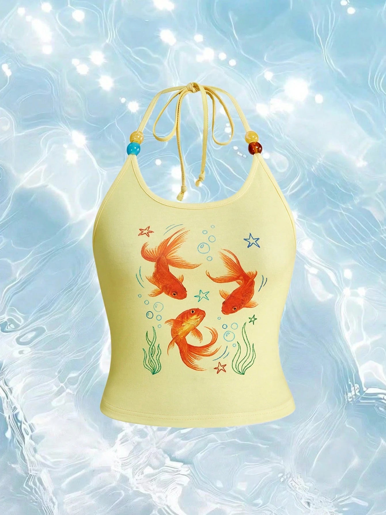 ROMWE Avant Y2K Cute Babe Island Vacation Goldfish Graffiti Print Plus Size Women Halter Top