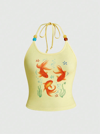 ROMWE Avant Y2K Cute Babe Island Vacation Goldfish Graffiti Print Plus Size Women Halter Top