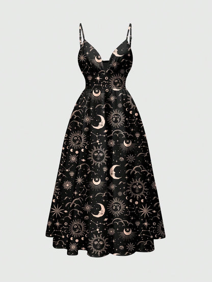 ROMWE Country Sun, Moon & Star Hippie Print Romantic Bohemian Style Spaghetti Strap Low-Cut Sexy Women Dress, Vacation