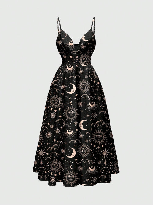 ROMWE Country Sun, Moon & Star Hippie Print Romantic Bohemian Style Spaghetti Strap Low-Cut Sexy Women Dress, Vacation