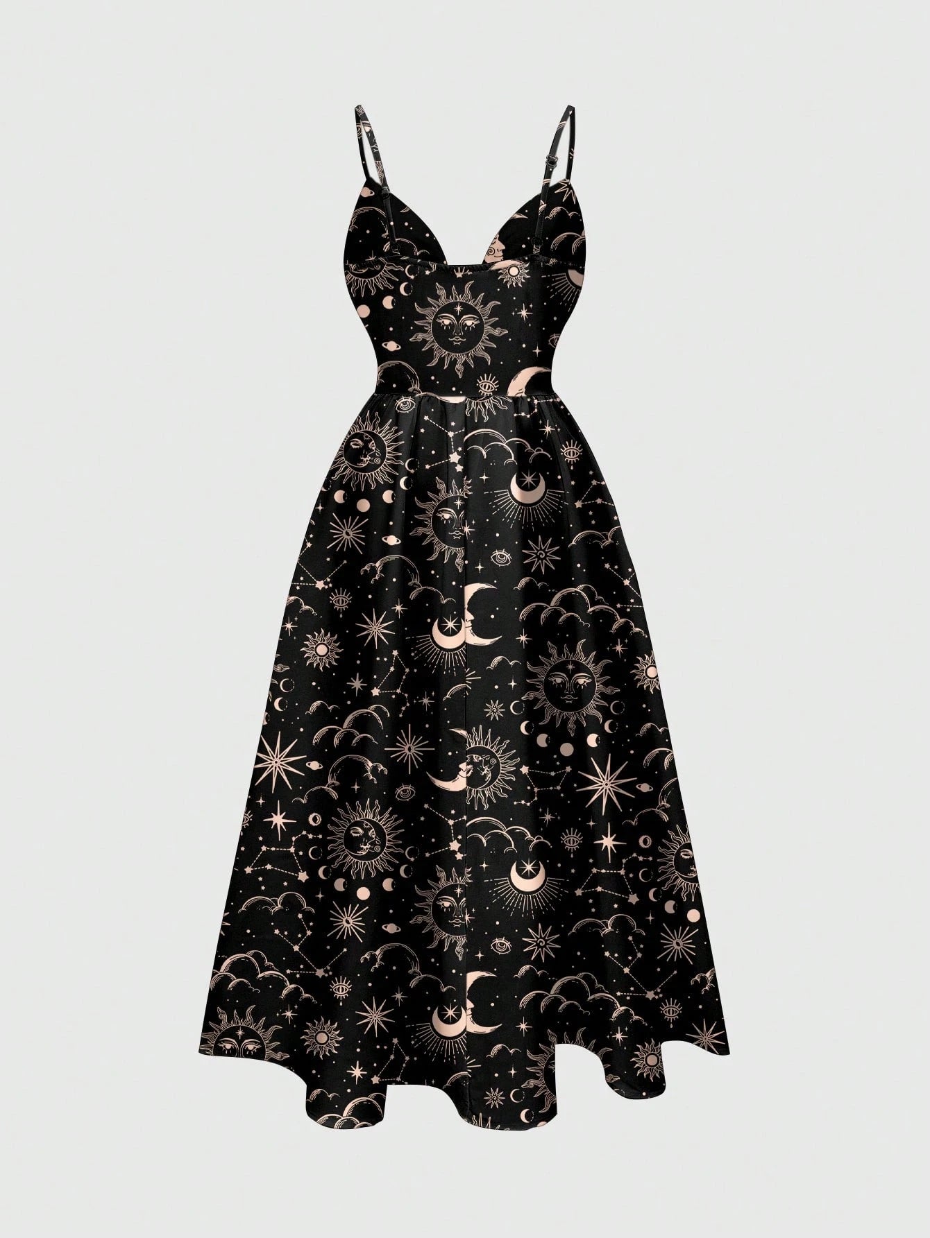 ROMWE Country Sun, Moon & Star Hippie Print Romantic Bohemian Style Spaghetti Strap Low-Cut Sexy Women Dress, Vacation