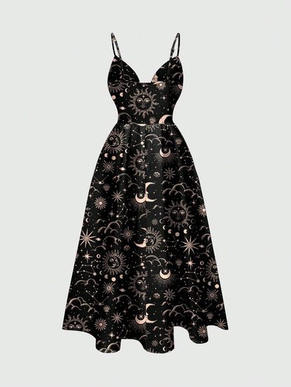 ROMWE Country Sun, Moon & Star Hippie Print Romantic Bohemian Style Spaghetti Strap Low-Cut Sexy Women Dress, Vacation