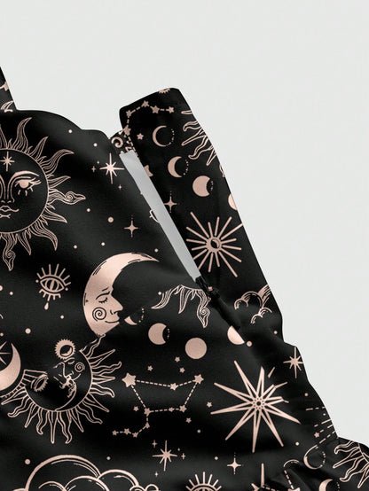 ROMWE Country Sun, Moon & Star Hippie Print Romantic Bohemian Style Spaghetti Strap Low-Cut Sexy Women Dress, Vacation