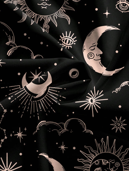 ROMWE Country Sun, Moon & Star Hippie Print Romantic Bohemian Style Spaghetti Strap Low-Cut Sexy Women Dress, Vacation