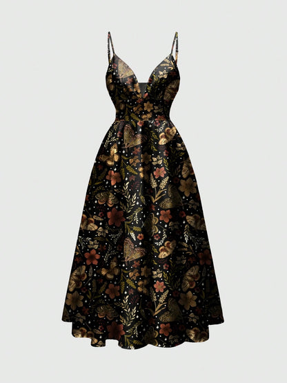 ROMWE Country Sun, Moon & Star Hippie Print Romantic Bohemian Style Spaghetti Strap Low-Cut Sexy Women Dress, Vacation
