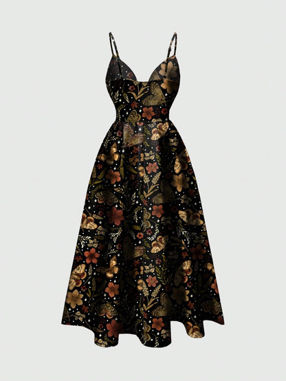ROMWE Country Sun, Moon & Star Hippie Print Romantic Bohemian Style Spaghetti Strap Low-Cut Sexy Women Dress, Vacation