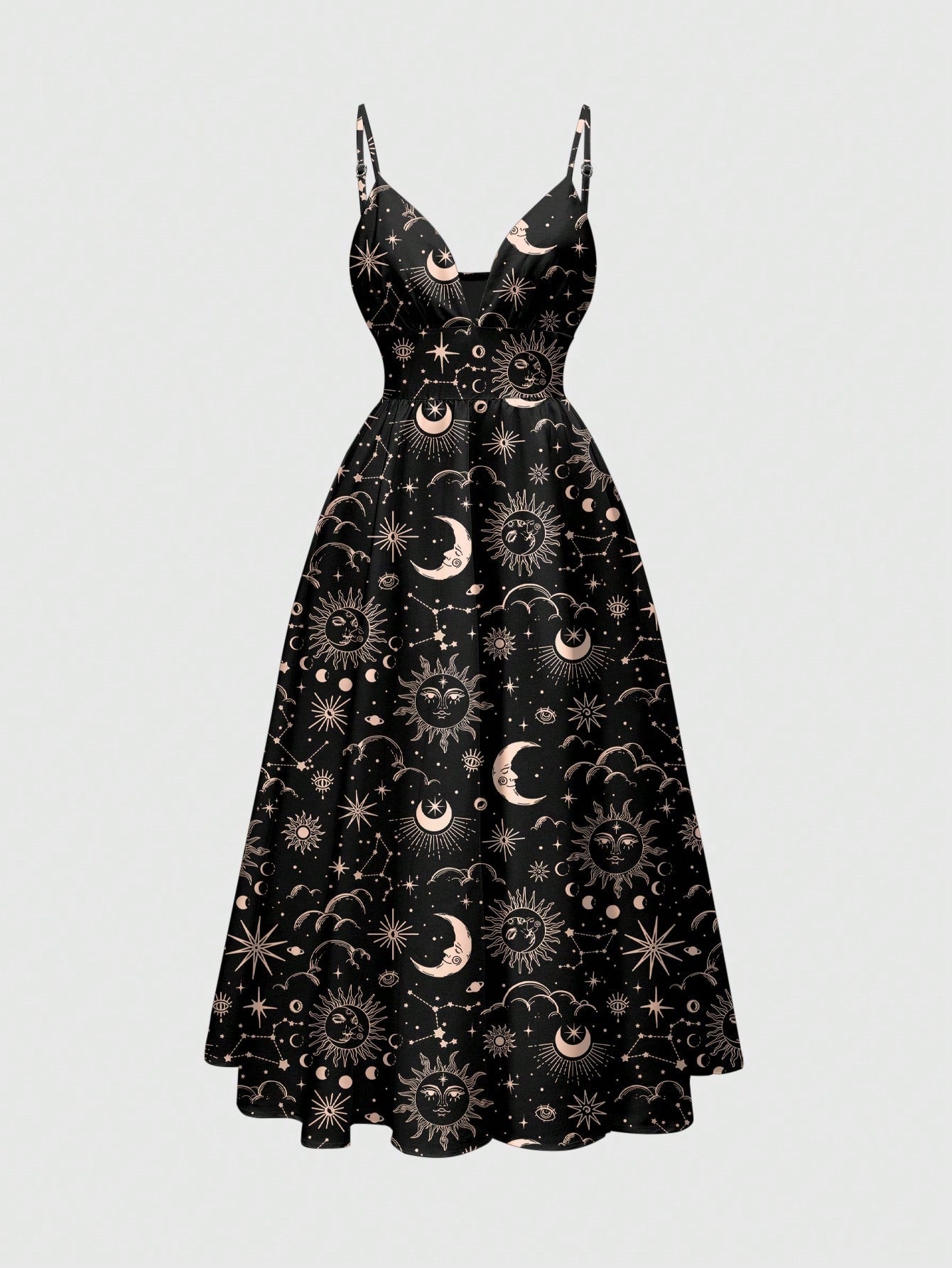 ROMWE Country Sun, Moon & Star Hippie Print Romantic Bohemian Style Spaghetti Strap Low-Cut Sexy Women Dress, Vacation