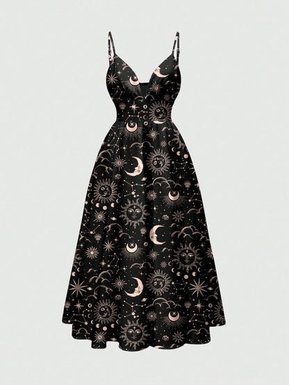 ROMWE Country Sun, Moon & Star Hippie Print Romantic Bohemian Style Spaghetti Strap Low-Cut Sexy Women Dress, Vacation