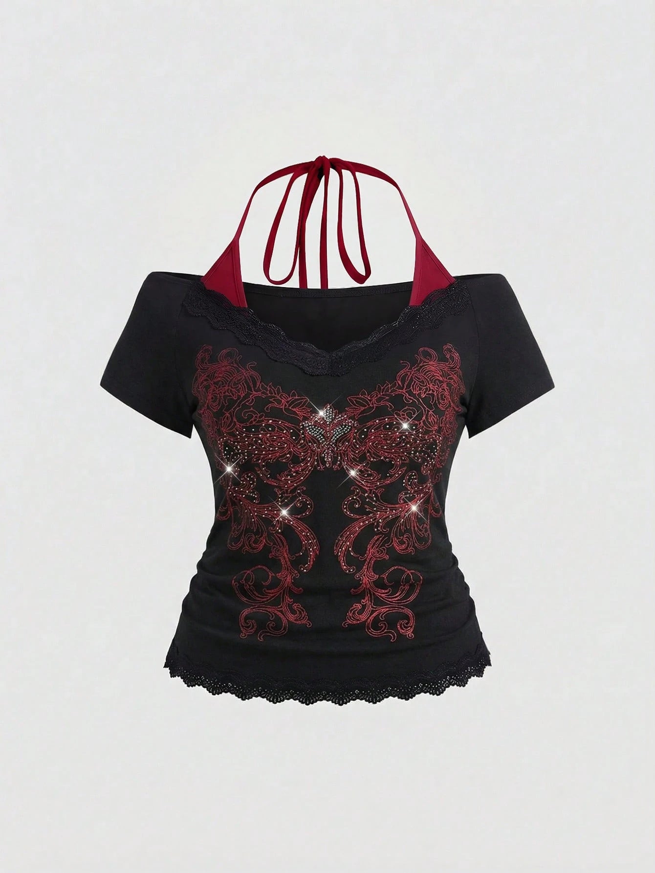 ROMWE Fairycore Plus Size Retro Y2K Totem Rhinestone Lace Trim Deep V-Neck 2 In 1 Cinched Waist T-Shirt
