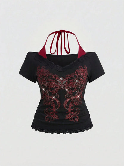ROMWE Fairycore Plus Size Retro Y2K Totem Rhinestone Lace Trim Deep V-Neck 2 In 1 Cinched Waist T-Shirt