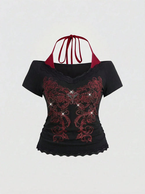 ROMWE Fairycore Plus Size Retro Y2K Totem Rhinestone Lace Trim Deep V-Neck 2 In 1 Cinched Waist T-Shirt