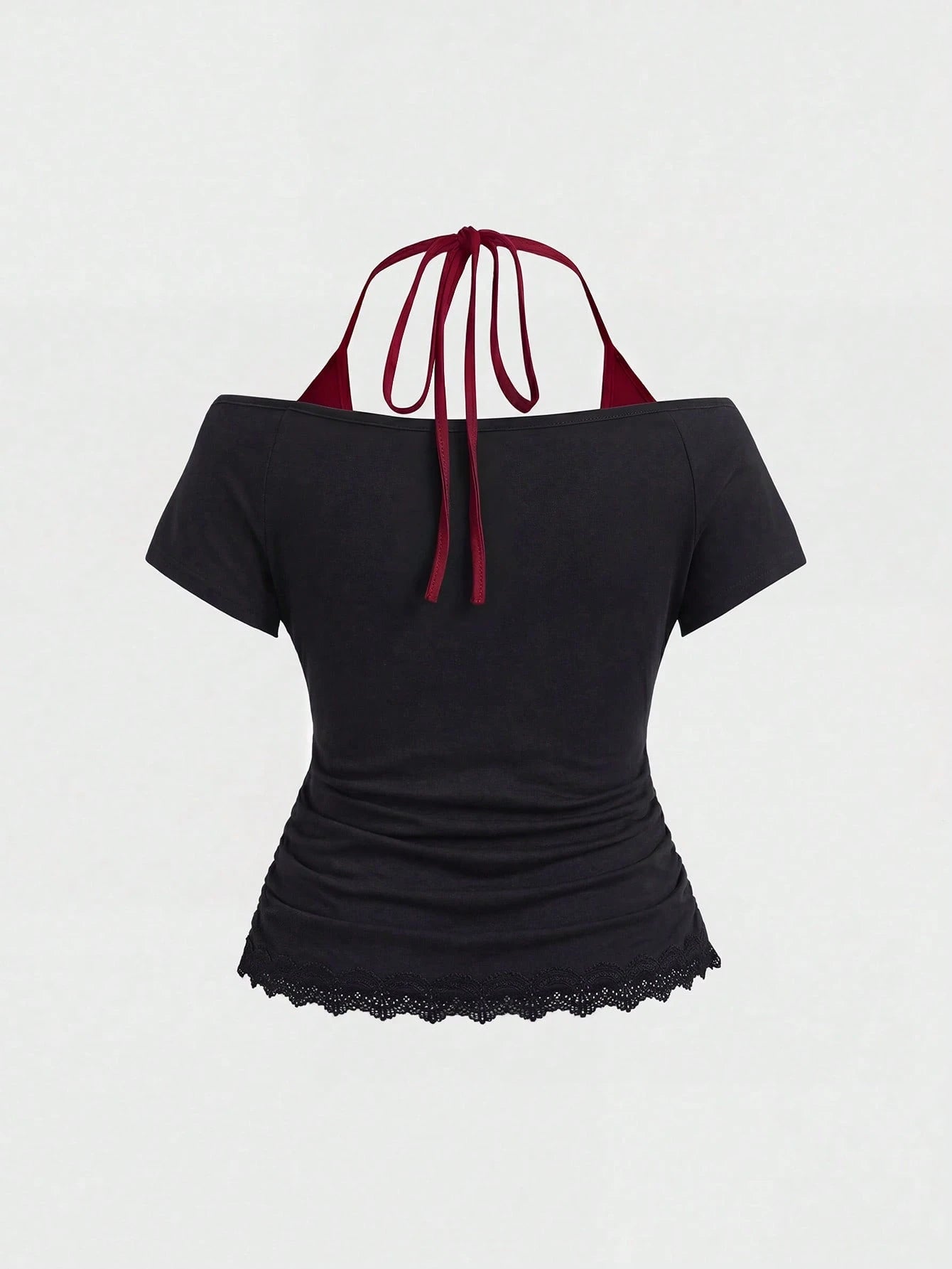 ROMWE Fairycore Plus Size Retro Y2K Totem Rhinestone Lace Trim Deep V-Neck 2 In 1 Cinched Waist T-Shirt